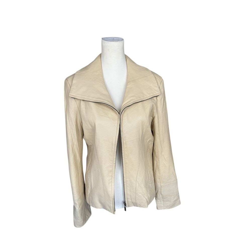 Pamela McCoy‎ 100% Genuine Leather Shawl Collar Beige Western Y2K Jacket S